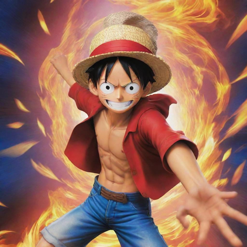 An HD wallpaper featuring Monkey D. Luffy from 'One Piece', poised in an iconic action pose in the center, surrounded by a dynamic, vibrant background.