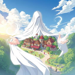 An anime-style illustration of a mysterious humanoid figure cloaked in flowing white fabric