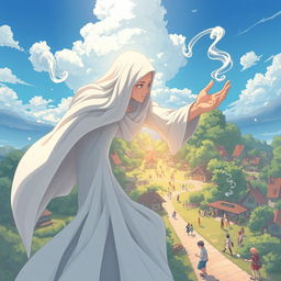 An anime-style illustration of a mysterious humanoid figure cloaked in flowing white fabric