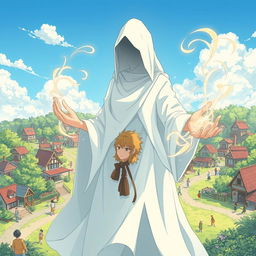 An anime-style illustration of a mysterious humanoid figure cloaked in flowing white fabric