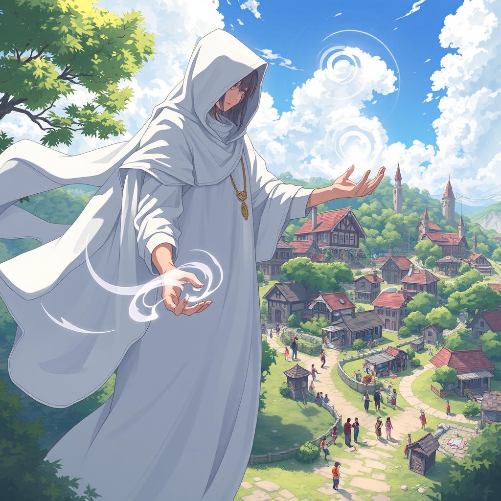 An anime-style illustration of a mysterious humanoid figure cloaked in flowing white fabric