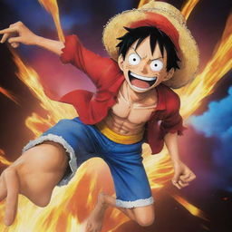 An HD wallpaper featuring Monkey D. Luffy from 'One Piece', poised in an iconic action pose in the center, surrounded by a dynamic, vibrant background.