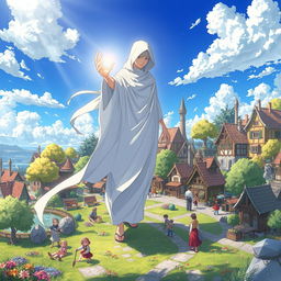 An anime fantasy illustration of a mysterious humanoid figure cloaked in flowing white fabric, surrounded by an enchanting aura