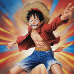 An HD wallpaper featuring Monkey D. Luffy from 'One Piece', poised in an iconic action pose in the center, surrounded by a dynamic, vibrant background.