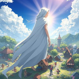 An anime fantasy illustration of a mysterious humanoid figure cloaked in flowing white fabric, surrounded by an enchanting aura