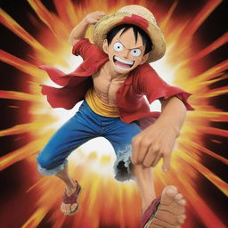 An HD wallpaper featuring Monkey D. Luffy from 'One Piece', poised in an iconic action pose in the center, surrounded by a dynamic, vibrant background.