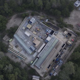 An aerial view of a strategically located SWAT premises, featuring various buildings, training facilities, vehicle depots, and surrounded by high security measures.