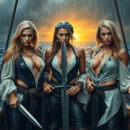 A photorealistic high-quality photo of three athletic pirate women with blonde hair and striking blue eyes, standing on a pirate ship amidst a heavy rainstorm