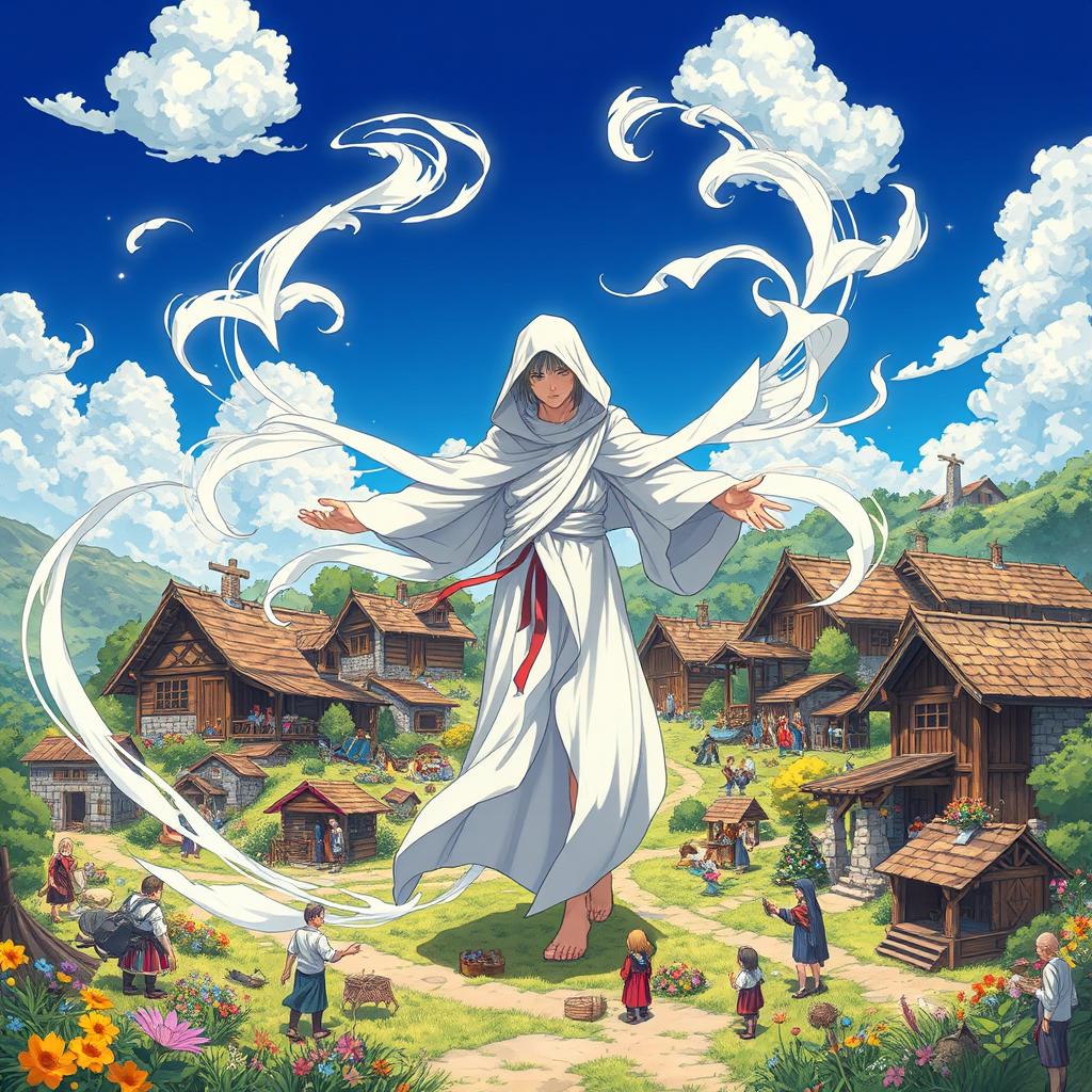 An anime fantasy illustration of a mysterious male humanoid figure cloaked in flowing white fabric