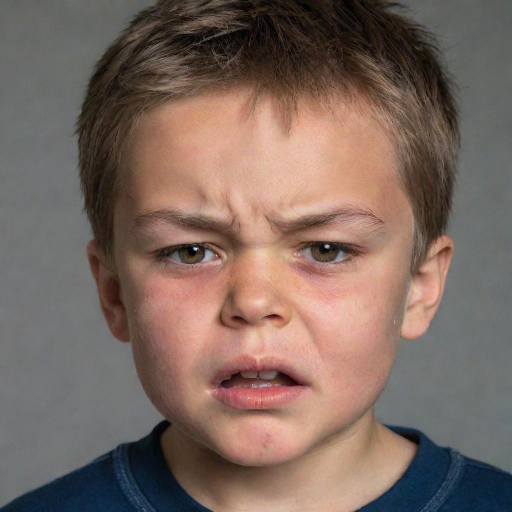 The previously described young boy, now expressing the intense emotion of anger, his face contorted into a fierce scowl, brow furrowed and eyes blazing.