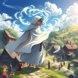 An anime fantasy illustration of a mysterious male humanoid figure cloaked in flowing white fabric