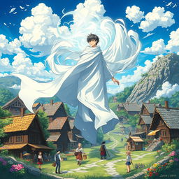 An anime fantasy illustration of a mysterious male humanoid figure cloaked in flowing white fabric