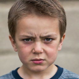 The previously described young boy, now expressing the intense emotion of anger, his face contorted into a fierce scowl, brow furrowed and eyes blazing.