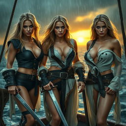 A photorealistic high-quality photo of three athletic pirate women with blonde hair and striking blue eyes, standing confidently on a pirate ship in the middle of a heavy rainstorm