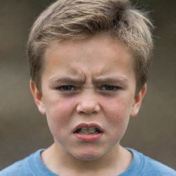 The previously described young boy, now expressing the intense emotion of anger, his face contorted into a fierce scowl, brow furrowed and eyes blazing.