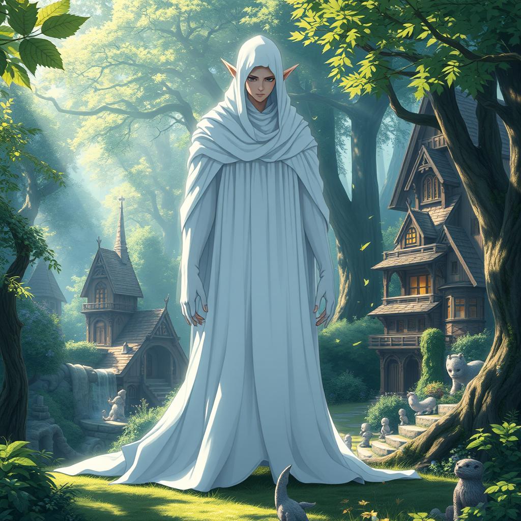 An enchanting anime fantasy scene featuring a gigantic mysterious elf figure cloaked in pure white, standing majestically in a lush forest