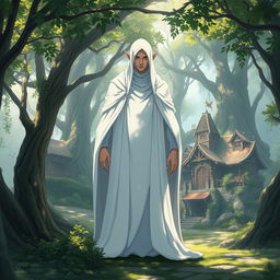 An enchanting anime fantasy scene featuring a gigantic mysterious elf figure cloaked in pure white, standing majestically in a lush forest