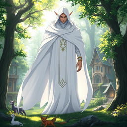 An enchanting anime fantasy scene featuring a gigantic mysterious elf figure cloaked in pure white, standing majestically in a lush forest