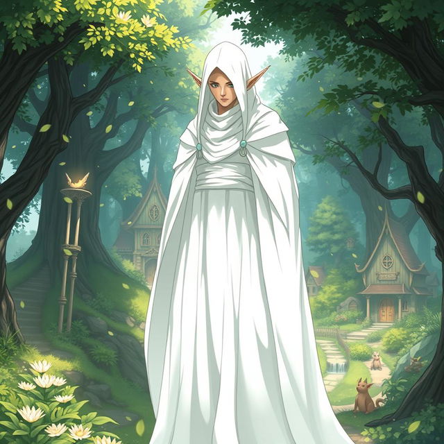 An enchanting anime fantasy scene featuring a gigantic mysterious elf figure cloaked in pure white, standing majestically in a lush forest