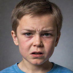 The previously described young boy, now expressing the intense emotion of anger, his face contorted into a fierce scowl, brow furrowed and eyes blazing.