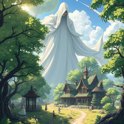 A captivating anime fantasy scene featuring a gigantic mysterious elf figure cloaked in pure white, towering over a charming elven village nestled in a vibrant forest