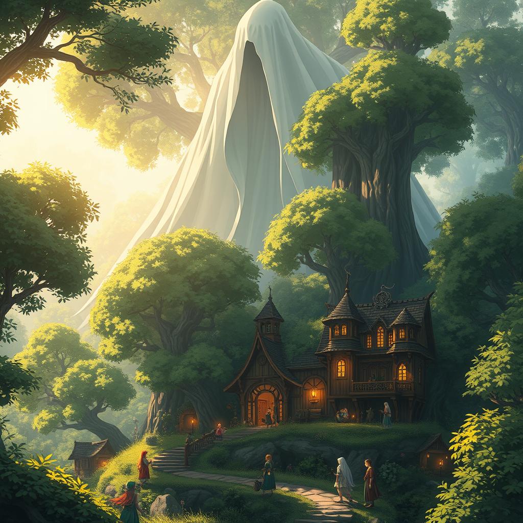 A captivating anime fantasy scene featuring a gigantic mysterious elf figure cloaked in pure white, towering over a charming elven village nestled in a vibrant forest