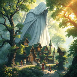 A captivating anime fantasy scene featuring a gigantic mysterious elf figure cloaked in pure white, towering over a charming elven village nestled in a vibrant forest