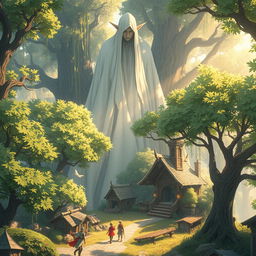 A captivating anime fantasy scene featuring a gigantic mysterious elf figure cloaked in pure white, towering over a charming elven village nestled in a vibrant forest