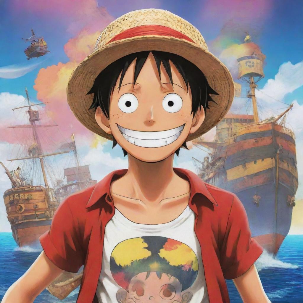 An anime-style wallpaper, featuring Monkey D. Luffy from 'One Piece' in the foreground, with a colourful backdrop of maritime adventures and the iconic 'One Piece' logo.