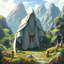 In an anime fantasy style, depict a mysterious giant figure, a dwarf cloaked in white, standing in a charming village nestled within a cave in the hills