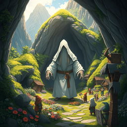 In an anime fantasy style, depict a mysterious giant figure, a dwarf cloaked in white, standing in a charming village nestled within a cave in the hills