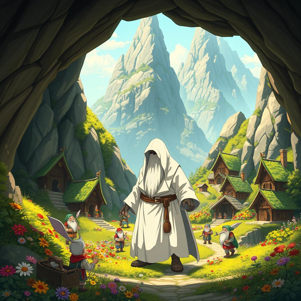 In an anime fantasy style, depict a mysterious giant figure, a dwarf cloaked in white, standing in a charming village nestled within a cave in the hills