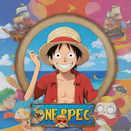 An anime-style wallpaper, featuring Monkey D. Luffy from 'One Piece' in the foreground, with a colourful backdrop of maritime adventures and the iconic 'One Piece' logo.