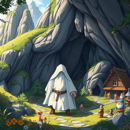 In an anime fantasy style, depict a mysterious giant figure, a dwarf cloaked in white, standing in a charming village nestled within a cave in the hills