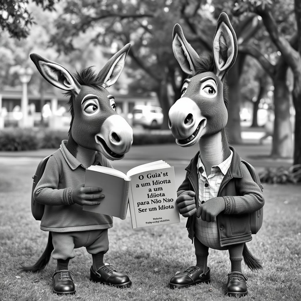 Two humanoid donkeys engaged in a lively conversation, rendered in black and white