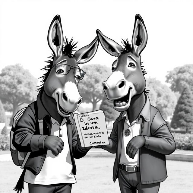 Two humanoid donkeys engaged in a lively conversation, rendered in black and white