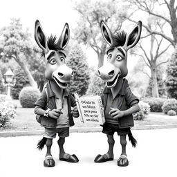 Two humanoid donkeys engaged in a lively conversation, rendered in black and white