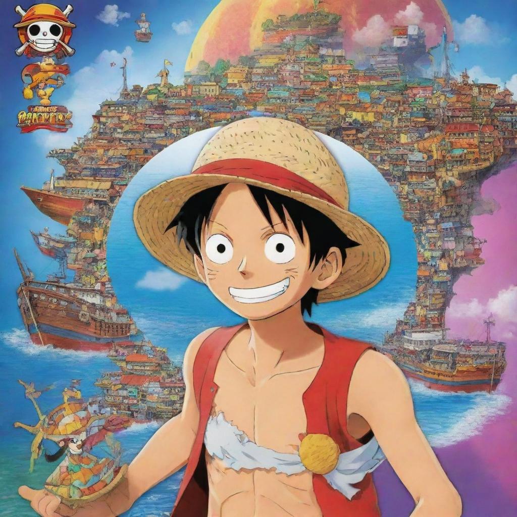 An anime-style wallpaper, featuring Monkey D. Luffy from 'One Piece' in the foreground, with a colourful backdrop of maritime adventures and the iconic 'One Piece' logo.