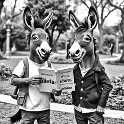 Two humanoid donkeys engaged in a lively conversation, rendered in black and white