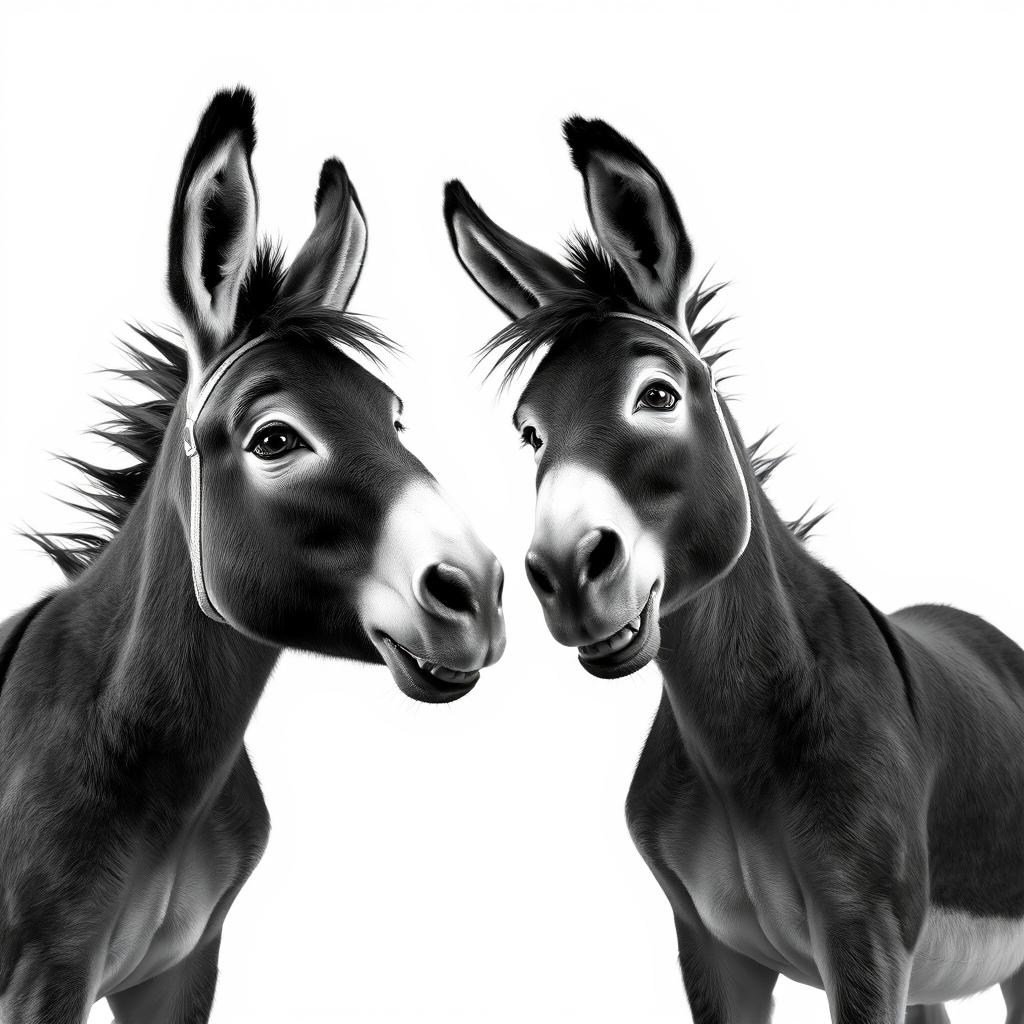 Two humanoid donkeys engaged in a lively conversation, rendered in striking black and white