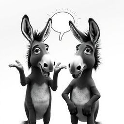 Two humanoid donkeys engaged in a lively conversation, rendered in striking black and white