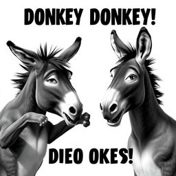 Two humanoid donkeys engaged in a lively conversation, rendered in striking black and white