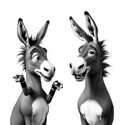 Two humanoid donkeys engaged in a lively conversation, rendered in striking black and white