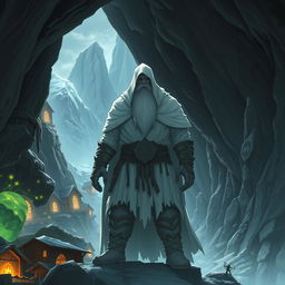 In a fantasy anime style, depict a mysterious figure of a giant dwarf cloaked in white