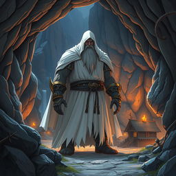 In a fantasy anime style, depict a mysterious figure of a giant dwarf cloaked in white