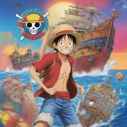 An anime-style wallpaper, featuring Monkey D. Luffy from 'One Piece' in the foreground, with a colourful backdrop of maritime adventures and the iconic 'One Piece' logo.