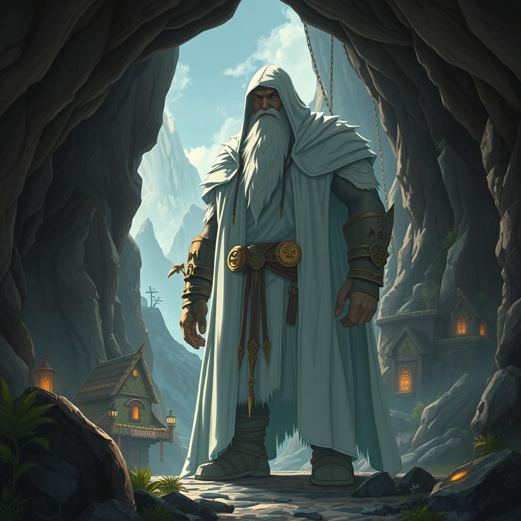 In a fantasy anime style, depict a mysterious figure of a giant dwarf cloaked in white