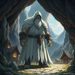 In a fantasy anime style, depict a mysterious figure of a giant dwarf cloaked in white