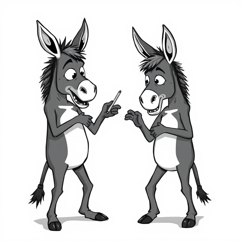 Two humanoid donkeys with human bodies engaged in a humorous teaching moment, depicted in black and white