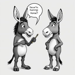 Two humanoid donkeys with human bodies engaged in a humorous teaching moment, depicted in black and white